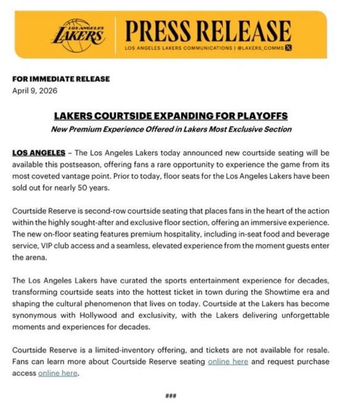 湖人季后赛新增第二排场边座位打破50年售罄纪录